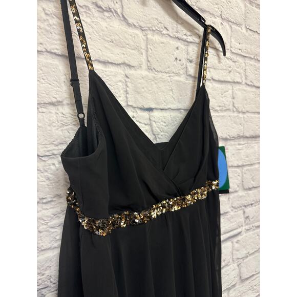 Eva Blue Black Mini Chiffon Swing Dress Gold Sequin Trim Adj. Straps SZ 12 NWT - Picture 2 of 5